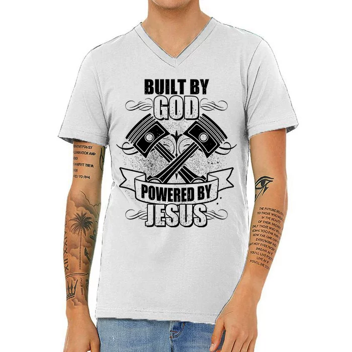 Built By God Powered By Jesus Car Engine Pistons V-Neck T-Shirt