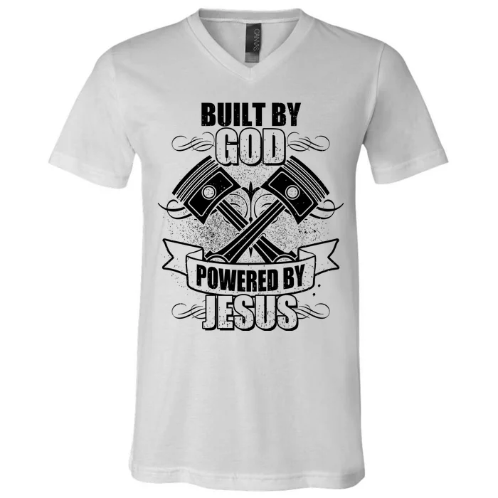 Built By God Powered By Jesus Car Engine Pistons V-Neck T-Shirt