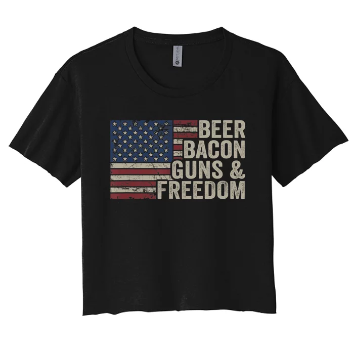 Beer Bacon Guns & Freedom – Bbq Vintage Usa Flag Drinking Women's Crop Top Tee