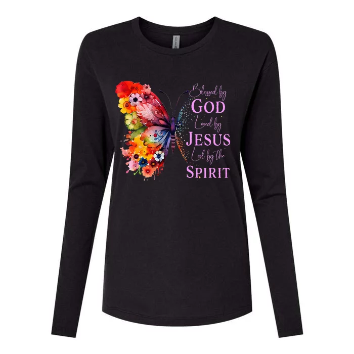 Blessed By God Loved By Jesus, Butterfly Christian Faith Womens Cotton Relaxed Long Sleeve T-Shirt