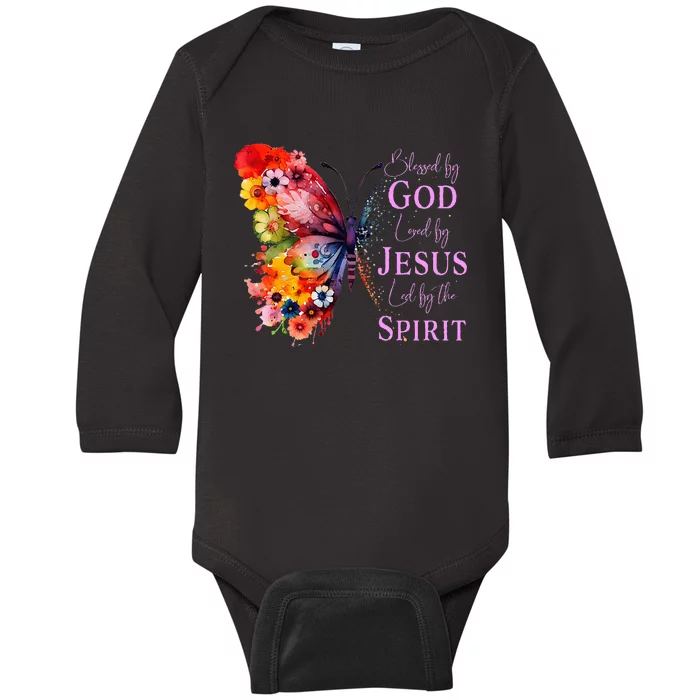 Blessed By God Loved By Jesus, Butterfly Christian Faith Baby Long Sleeve Bodysuit