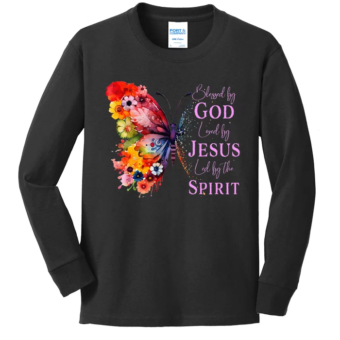 Blessed By God Loved By Jesus, Butterfly Christian Faith Kids Long Sleeve Shirt