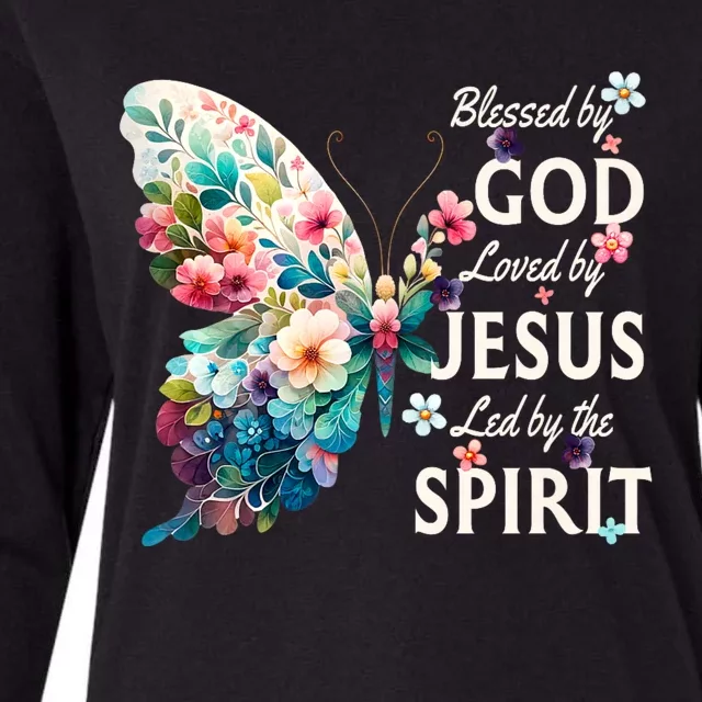 Blessed By God Loved By Jesus Floral Butterfly Christian Womens Cotton Relaxed Long Sleeve T-Shirt