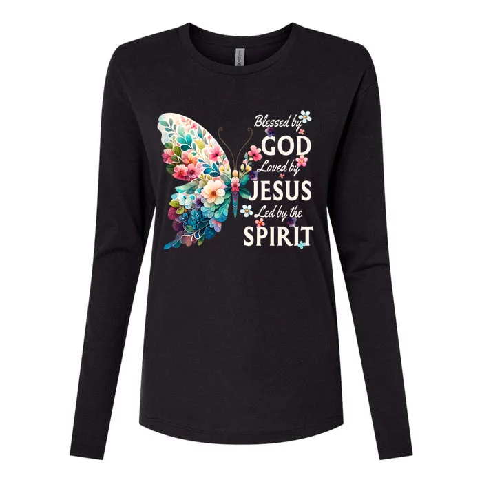 Blessed By God Loved By Jesus Floral Butterfly Christian Womens Cotton Relaxed Long Sleeve T-Shirt