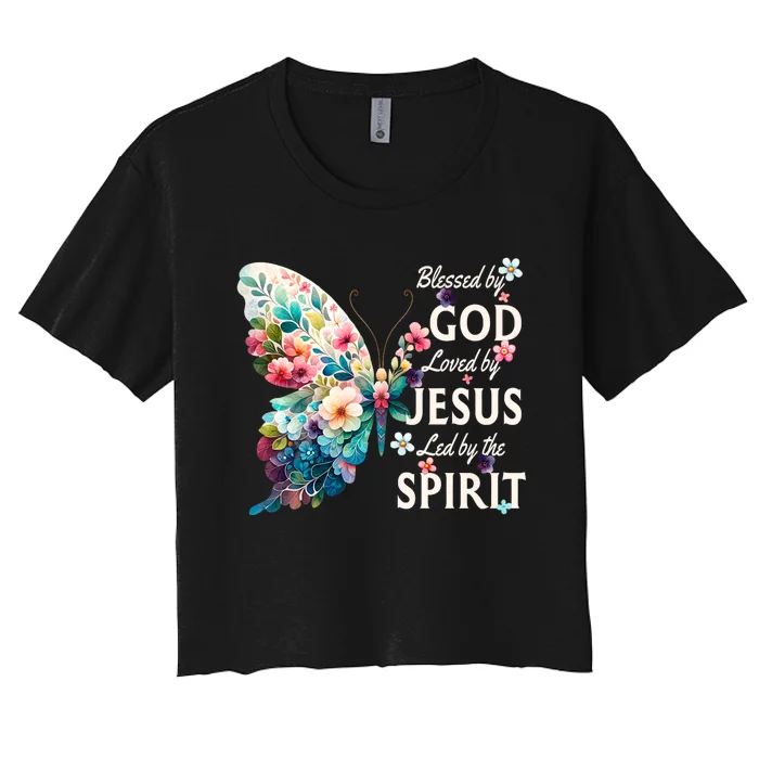 Blessed By God Loved By Jesus Floral Butterfly Christian Women's Crop Top Tee