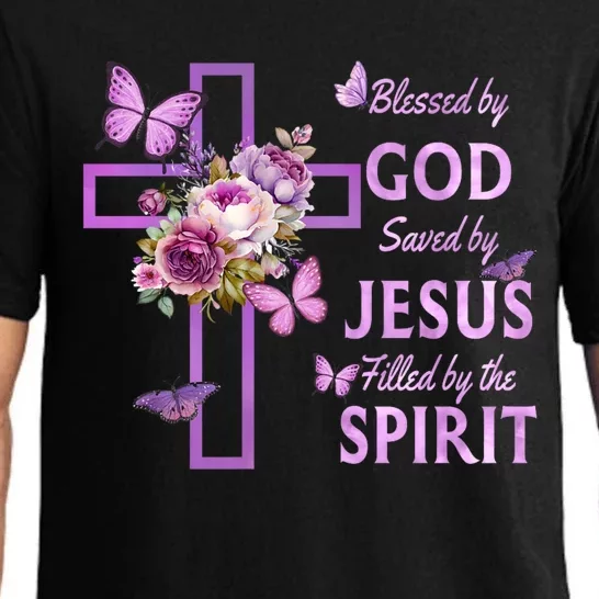 Blessed By God Saved By Jesus Purple Floral Cross Christian Pajama Set