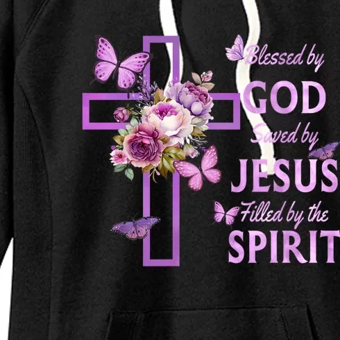 Blessed By God Saved By Jesus Purple Floral Cross Christian Women's Fleece Hoodie