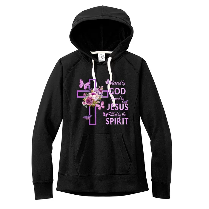 Blessed By God Saved By Jesus Purple Floral Cross Christian Women's Fleece Hoodie