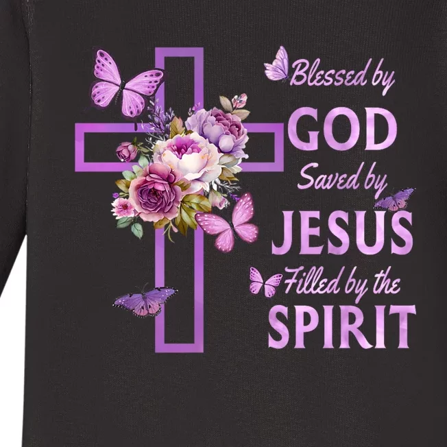 Blessed By God Saved By Jesus Purple Floral Cross Christian Baby Long Sleeve Bodysuit