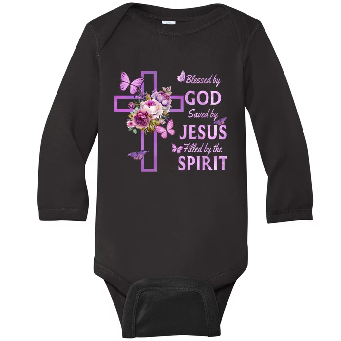 Blessed By God Saved By Jesus Purple Floral Cross Christian Baby Long Sleeve Bodysuit