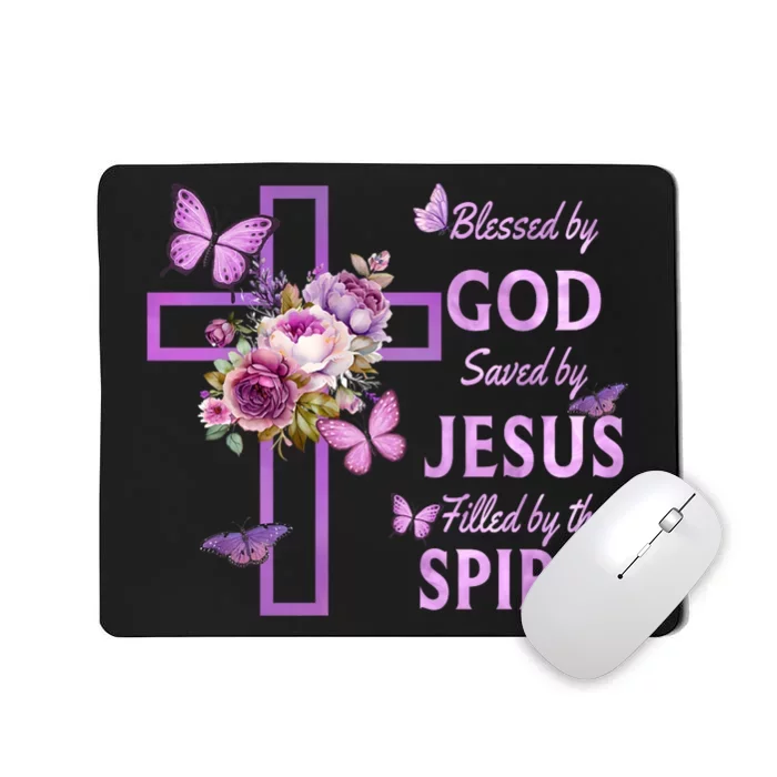 Blessed By God Saved By Jesus Purple Floral Cross Christian Mousepad