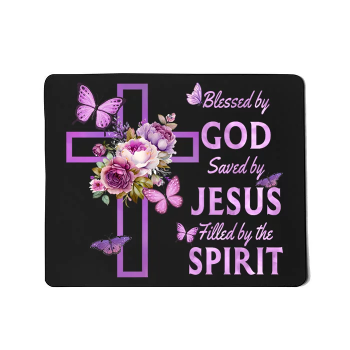 Blessed By God Saved By Jesus Purple Floral Cross Christian Mousepad