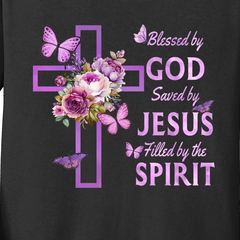 Blessed By God Saved By Jesus Purple Floral Cross Christian Kids Long Sleeve Shirt