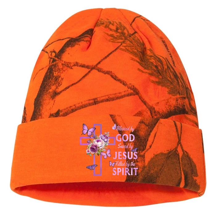 Blessed By God Saved By Jesus Purple Floral Cross Christian Kati - 12in Camo Beanie