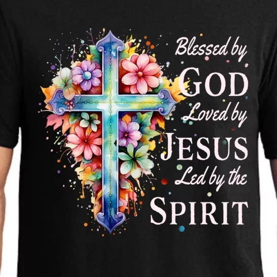 Blessed By God Loved By Jesus Floral Cross Christian Pajama Set