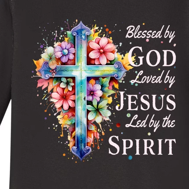 Blessed By God Loved By Jesus Floral Cross Christian Baby Long Sleeve Bodysuit