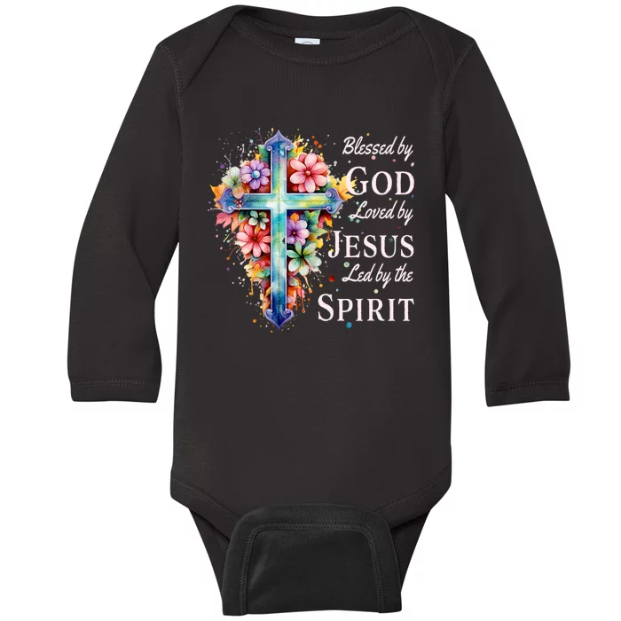 Blessed By God Loved By Jesus Floral Cross Christian Baby Long Sleeve Bodysuit