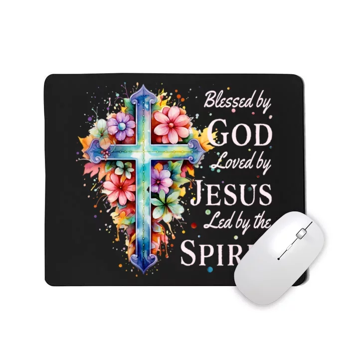 Blessed By God Loved By Jesus Floral Cross Christian Mousepad