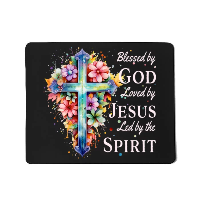 Blessed By God Loved By Jesus Floral Cross Christian Mousepad