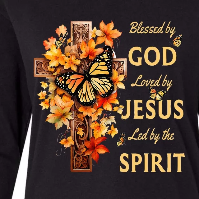 Blessed By God Loved By Jesus Fall Leaves Christian Cross Womens Cotton Relaxed Long Sleeve T-Shirt