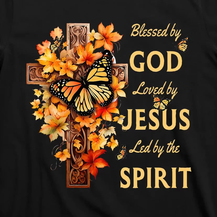 Blessed By God Loved By Jesus Fall Leaves Christian Cross T-Shirt