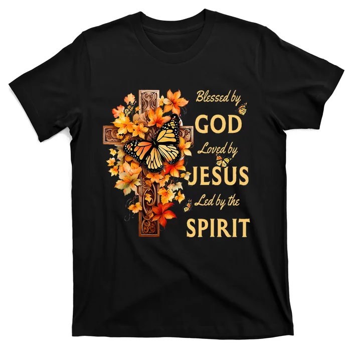 Blessed By God Loved By Jesus Fall Leaves Christian Cross T-Shirt