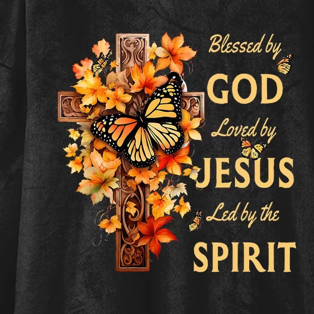 Blessed By God Loved By Jesus Fall Leaves Christian Cross Hooded Wearable Blanket