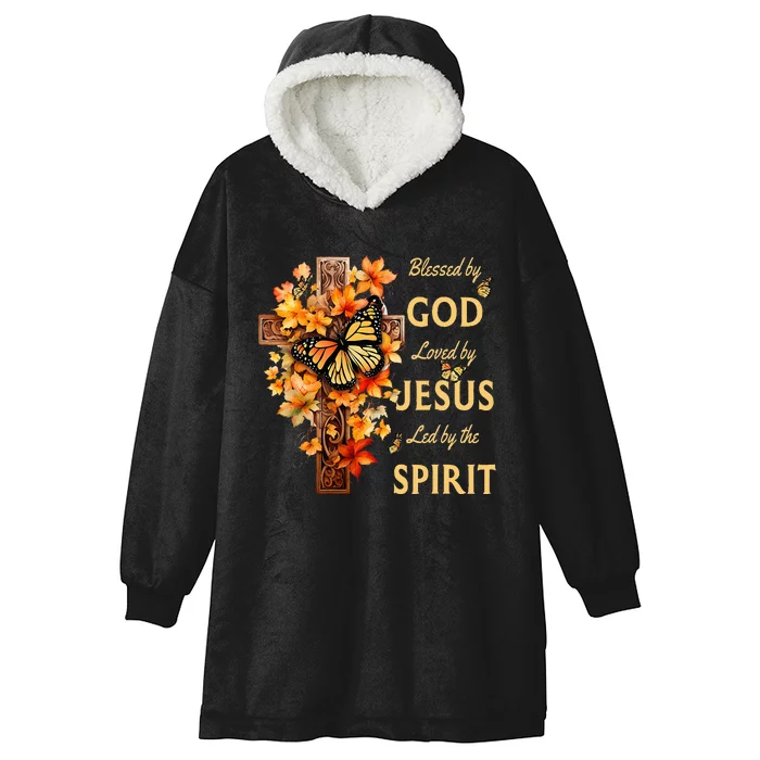 Blessed By God Loved By Jesus Fall Leaves Christian Cross Hooded Wearable Blanket