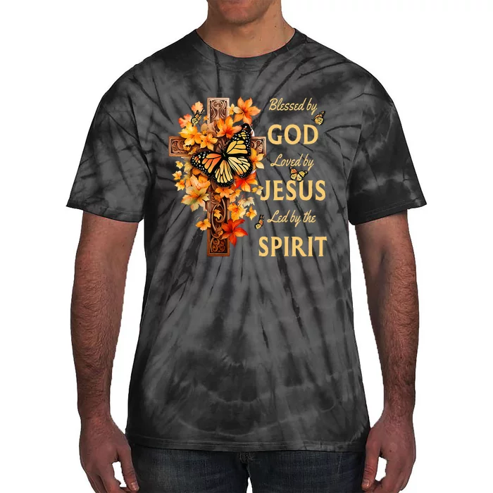 Blessed By God Loved By Jesus Fall Leaves Christian Cross Tie-Dye T-Shirt