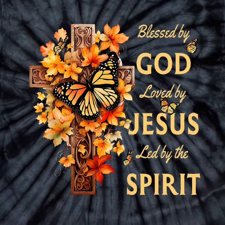 Blessed By God Loved By Jesus Fall Leaves Christian Cross Tie-Dye T-Shirt