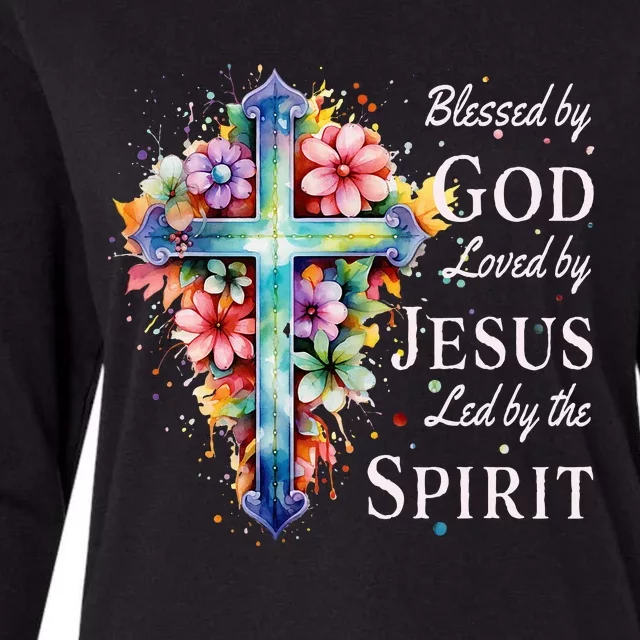 Blessed By God Loved By Jesus Floral Cross Christian Womens Cotton Relaxed Long Sleeve T-Shirt