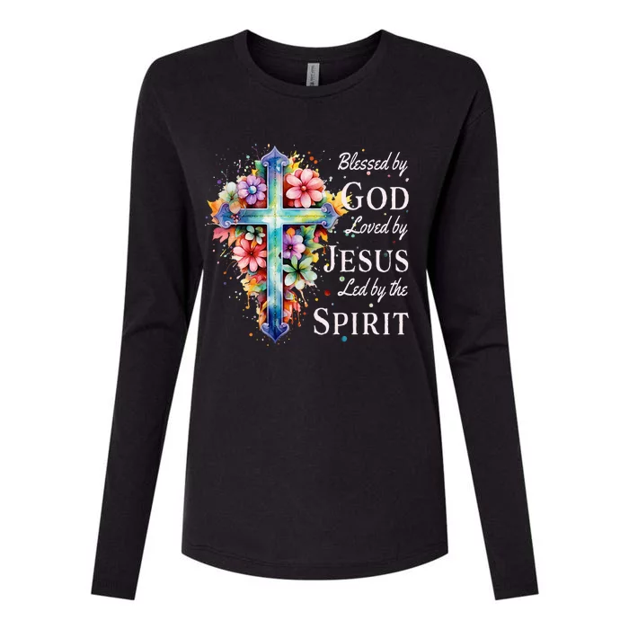 Blessed By God Loved By Jesus Floral Cross Christian Womens Cotton Relaxed Long Sleeve T-Shirt