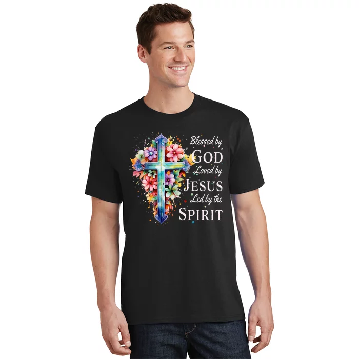 Blessed By God Loved By Jesus Floral Cross Christian T-Shirt