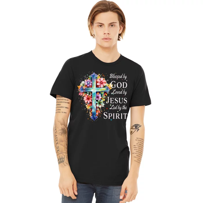 Blessed By God Loved By Jesus Floral Cross Christian Premium T-Shirt