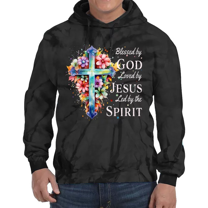 Blessed By God Loved By Jesus Floral Cross Christian Tie Dye Hoodie