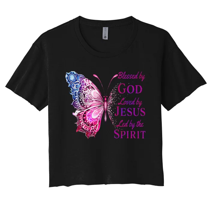 Blessed By God Loved By Jesus Butterfly Christian Women's Crop Top Tee