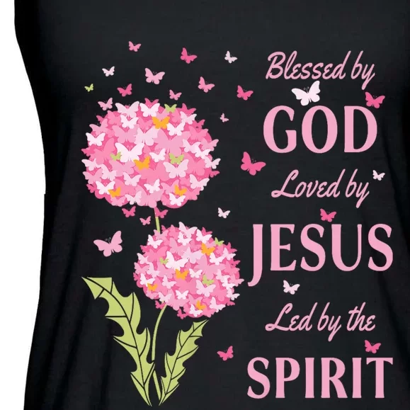 Blessed By God Loved By Jesus Butterfly Dandelion Ladies Essential Flowy Tank