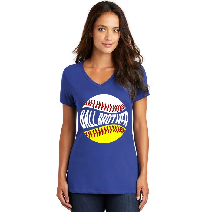 Ball Brother Groovy Baseball Softball Brother Gift Women's V-Neck T-Shirt