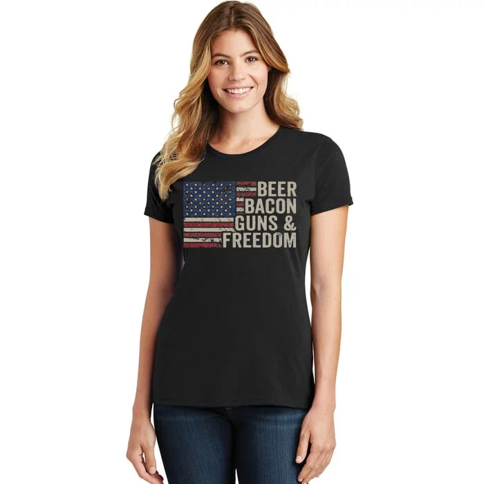 BEER BACON GUNS & FREEDOM BBQ Vintage USA Flag Drinking Women's T-Shirt