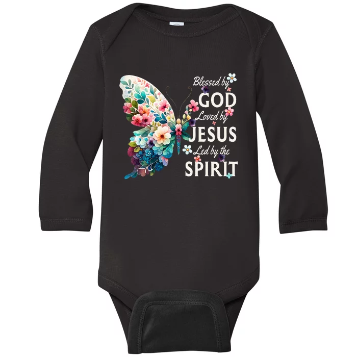 Blessed By God Loved By Jesus Floral Butterfly Christian Baby Long Sleeve Bodysuit