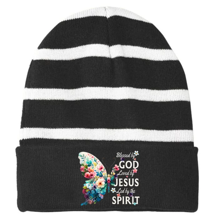 Blessed By God Loved By Jesus Floral Butterfly Christian Striped Beanie with Solid Band