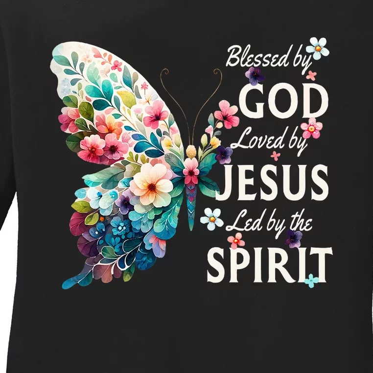 Blessed By God Loved By Jesus Floral Butterfly Christian Ladies Long Sleeve Shirt