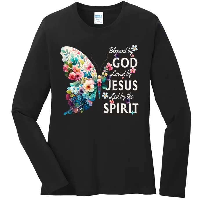 Blessed By God Loved By Jesus Floral Butterfly Christian Ladies Long Sleeve Shirt