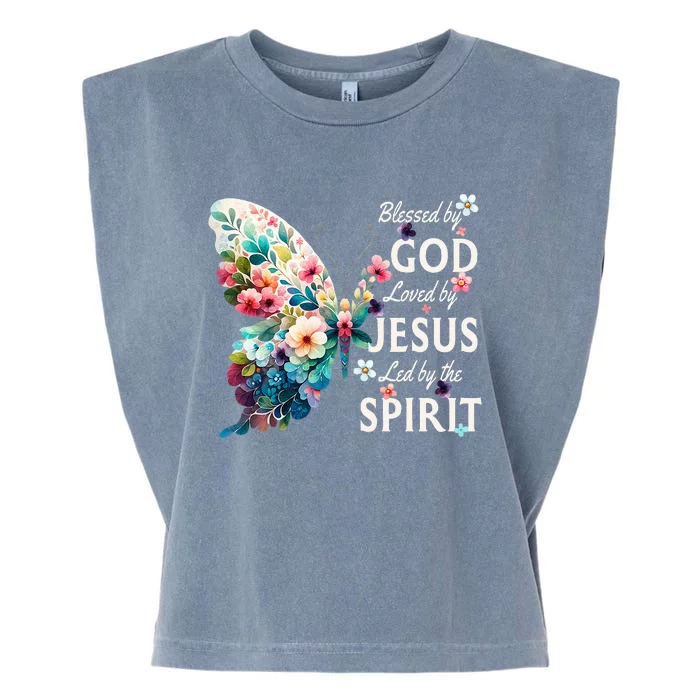 Blessed By God Loved By Jesus Floral Butterfly Christian Garment-Dyed Women's Muscle Tee