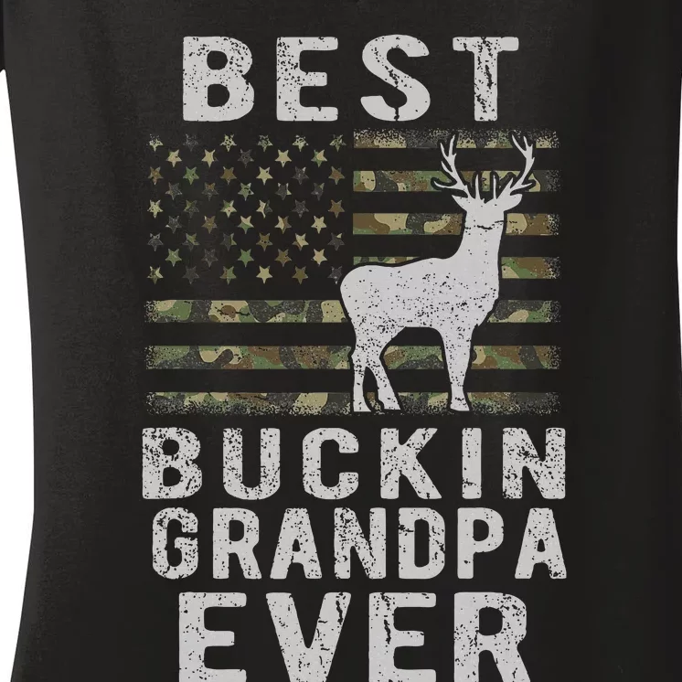 Best Bucking Grandpa Ever Camouflage US Flag Deer Hunting Women's V-Neck T-Shirt