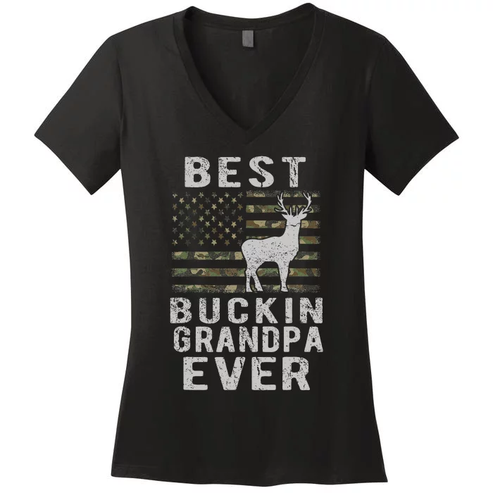 Best Bucking Grandpa Ever Camouflage US Flag Deer Hunting Women's V-Neck T-Shirt