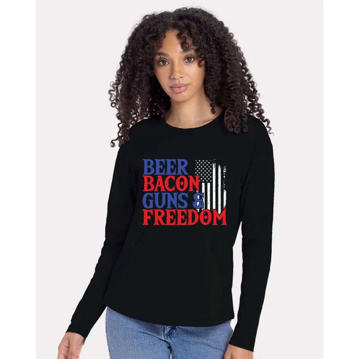 Beer Bacon Gun Freedom American Flag Usa Country Gift Womens Cotton Relaxed Long Sleeve T-Shirt