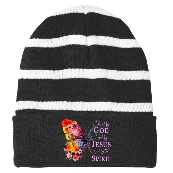 Blessed By God Loved By Jesus Butterfly Striped Beanie with Solid Band