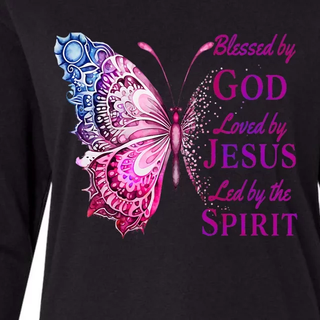 Blessed By God Loved By Jesus Pink Butterfly Christian Womens Cotton Relaxed Long Sleeve T-Shirt