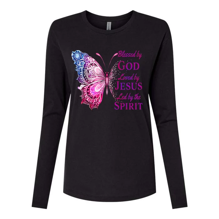 Blessed By God Loved By Jesus Pink Butterfly Christian Womens Cotton Relaxed Long Sleeve T-Shirt